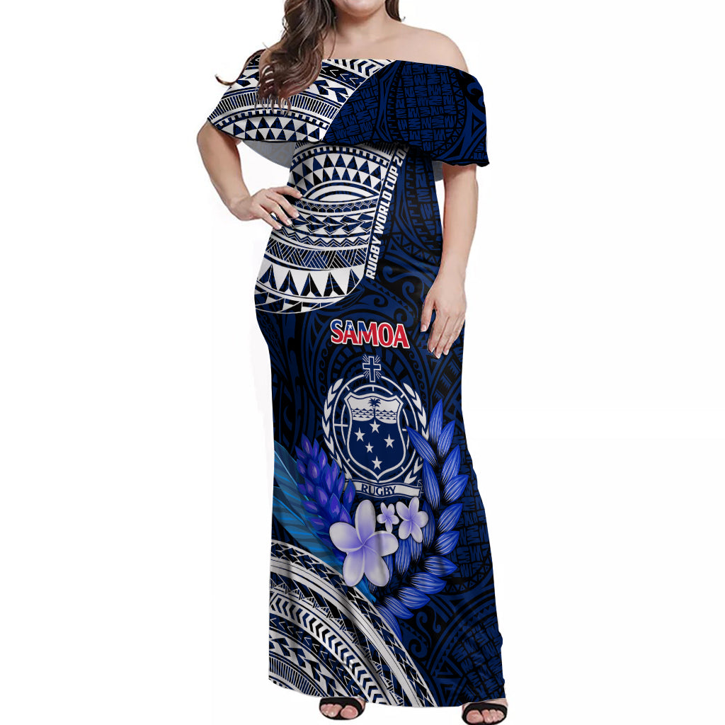 Custom Samoa Rugby Off Shoulder Maxi Dress Proud Samoa World Cup 2023 LT9 Women Blue - Polynesian Pride