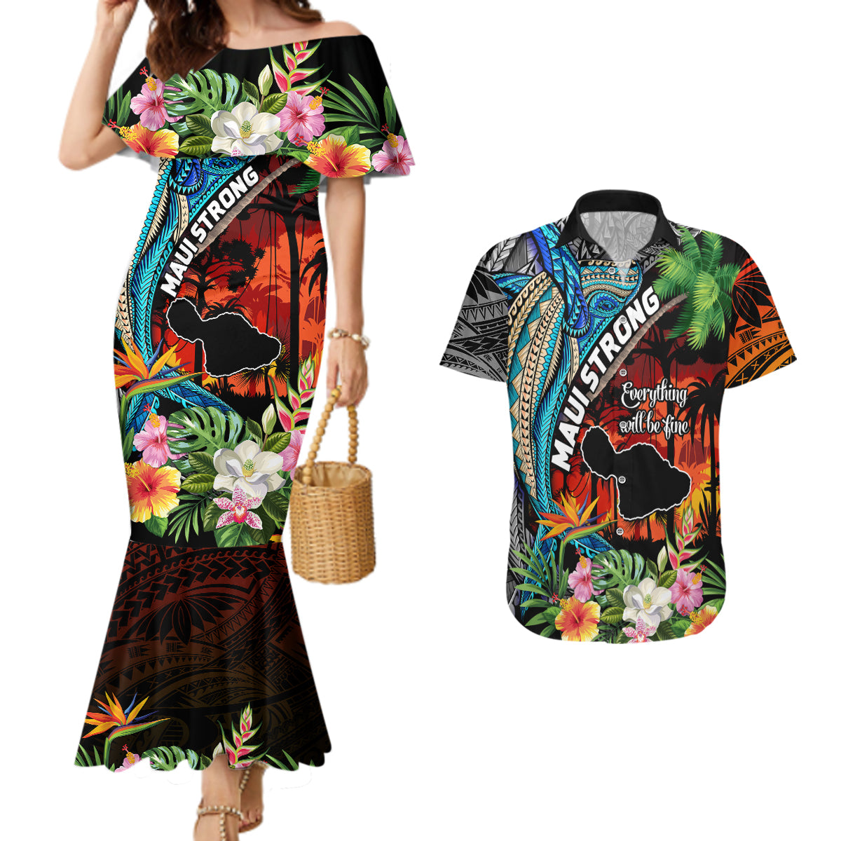 Hawaii Strong Maui Wildfire Couples Matching Mermaid Dress and Hawaiian Shirt Pray For Lahaina Maui LT9 Black - Polynesian Pride