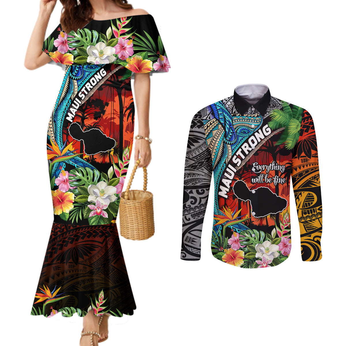 Hawaii Strong Maui Wildfire Couples Matching Mermaid Dress and Long Sleeve Button Shirts Pray For Lahaina Maui LT9 Black - Polynesian Pride