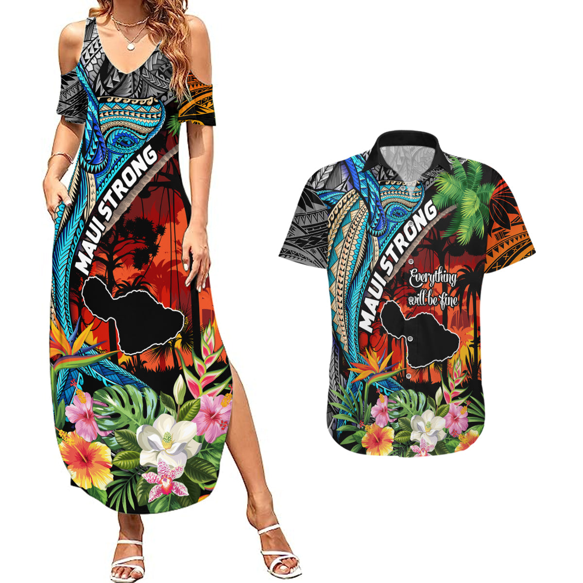 Hawaii Strong Maui Wildfire Couples Matching Summer Maxi Dress and Hawaiian Shirt Pray For Lahaina Maui LT9 Black - Polynesian Pride