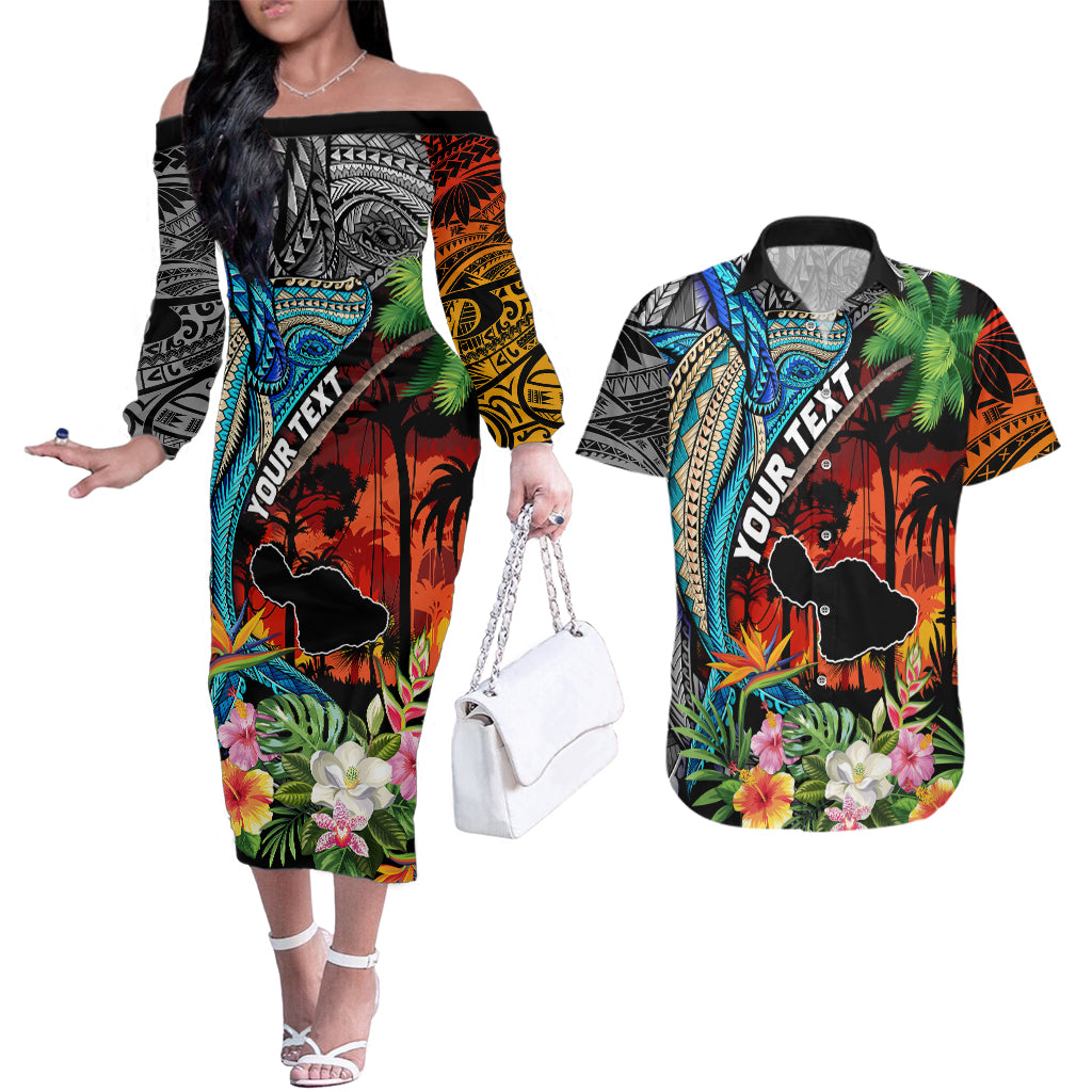 Personalised Hawaii Strong Maui Wildfire Couples Matching Off The Shoulder Long Sleeve Dress and Hawaiian Shirt Pray For Lahaina Maui LT9 Black - Polynesian Pride