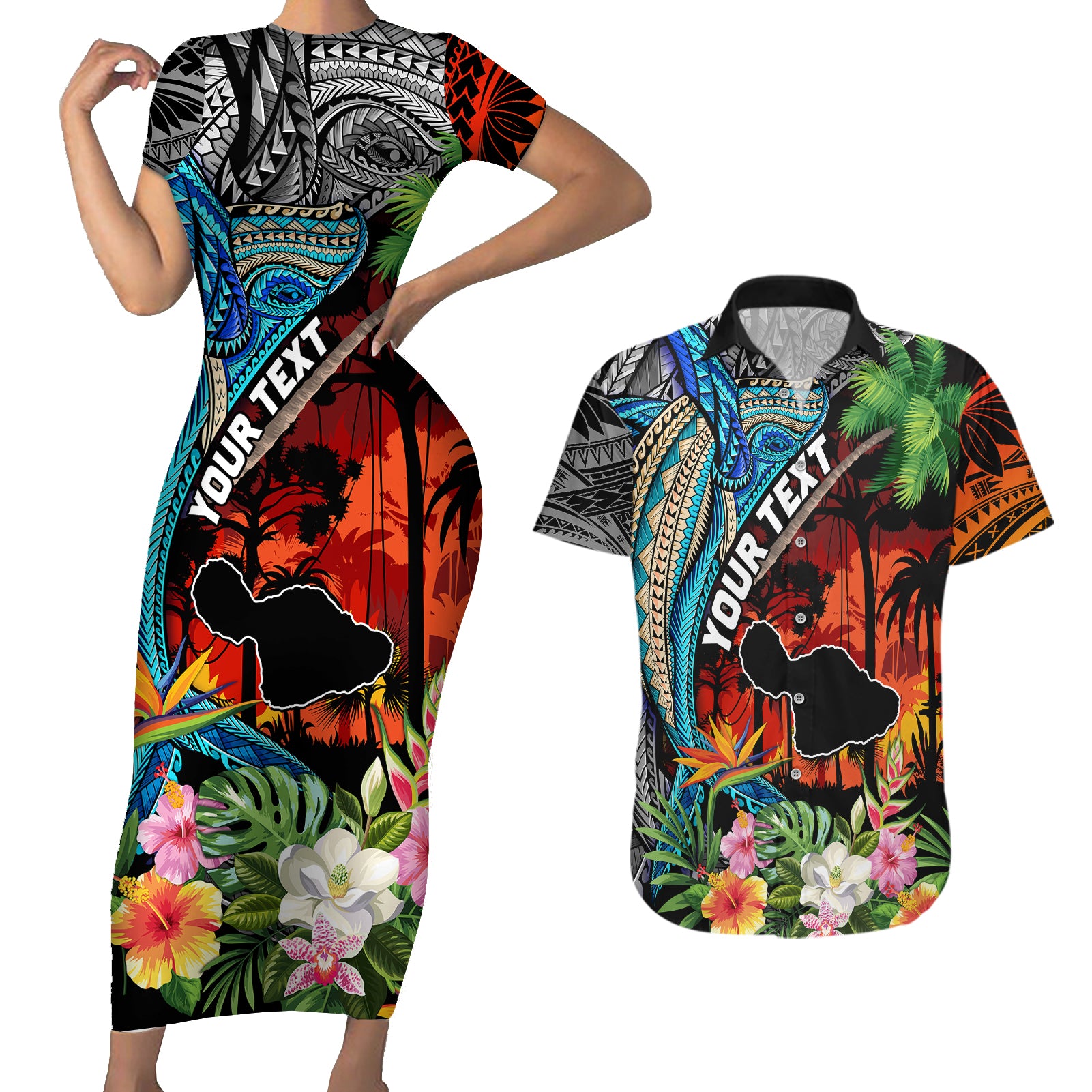 Personalised Hawaii Strong Maui Wildfire Couples Matching Short Sleeve Bodycon Dress and Hawaiian Shirt Pray For Lahaina Maui LT9 Black - Polynesian Pride