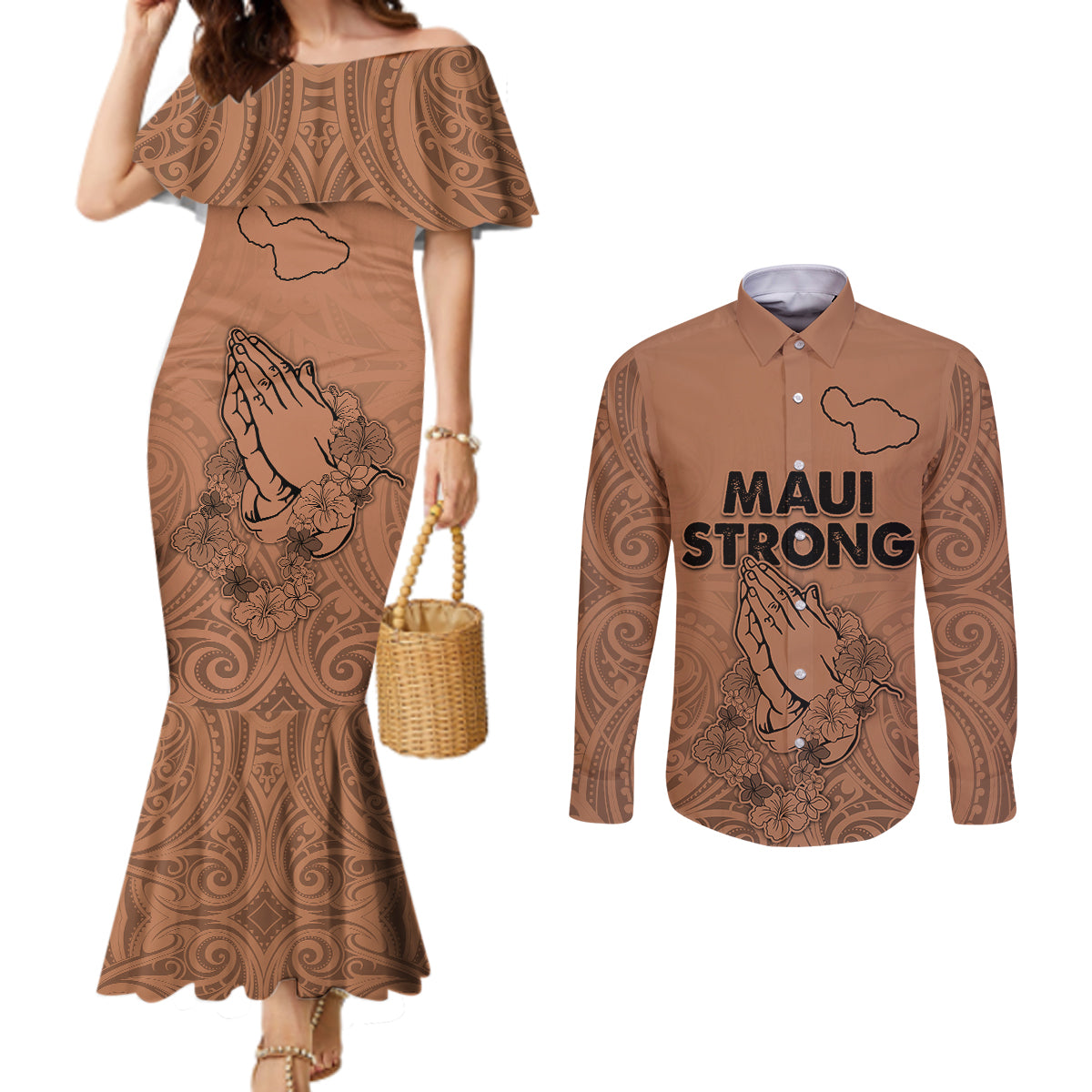 Hawaii Strong Maui Wildfire Couples Matching Mermaid Dress and Long Sleeve Button Shirts No1 LT9 Gold - Polynesian Pride