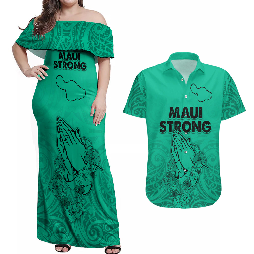 Hawaii Strong Maui Wildfire Couples Matching Off Shoulder Maxi Dress and Hawaiian Shirt No2 LT9 Green - Polynesian Pride