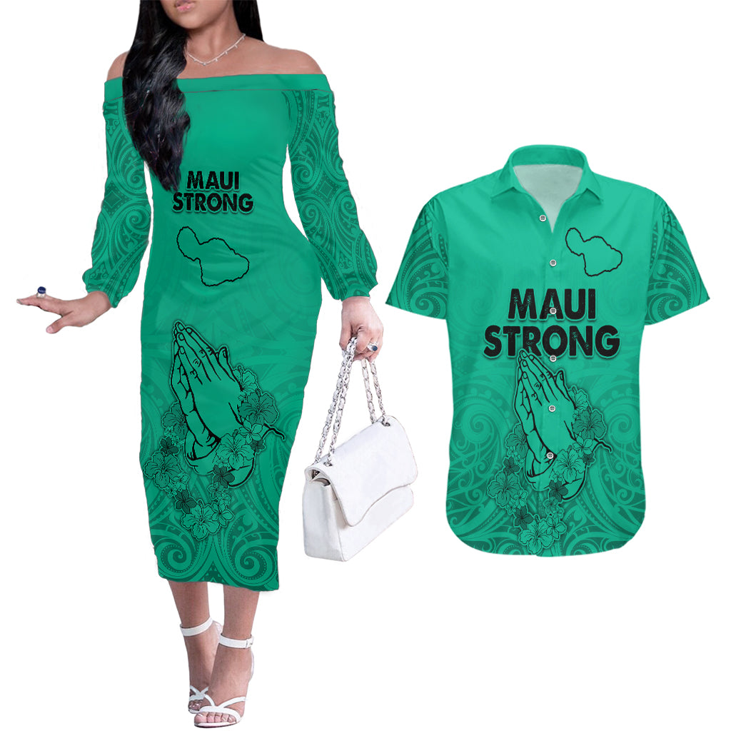 Hawaii Strong Maui Wildfire Couples Matching Off The Shoulder Long Sleeve Dress and Hawaiian Shirt No2 LT9 Green - Polynesian Pride