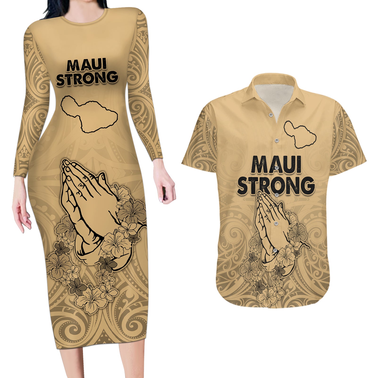 Hawaii Strong Maui Wildfire Couples Matching Long Sleeve Bodycon Dress and Hawaiian Shirt No3 LT9 Nude - Polynesian Pride