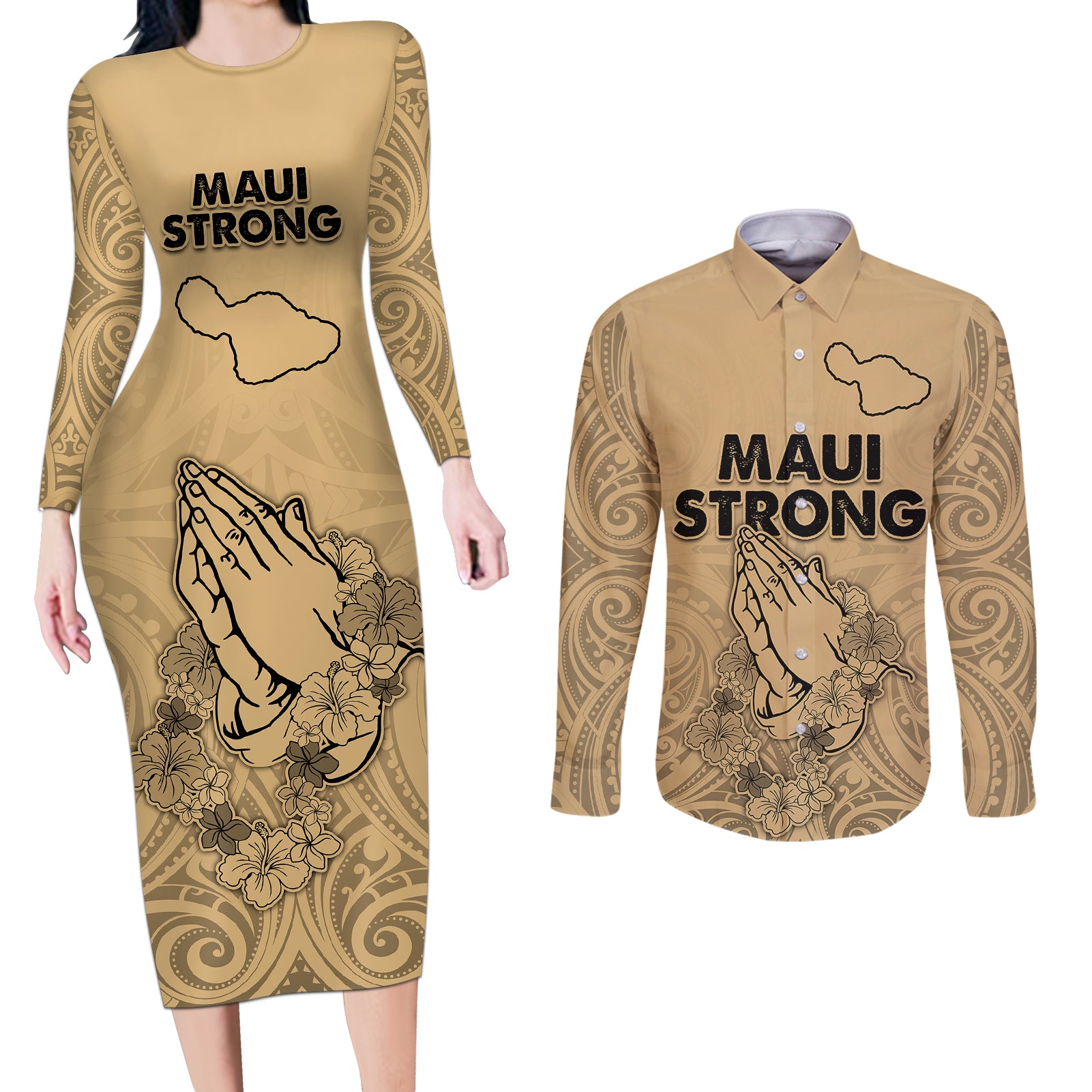 Hawaii Strong Maui Wildfire Couples Matching Long Sleeve Bodycon Dress and Long Sleeve Button Shirts No3 LT9 Nude - Polynesian Pride