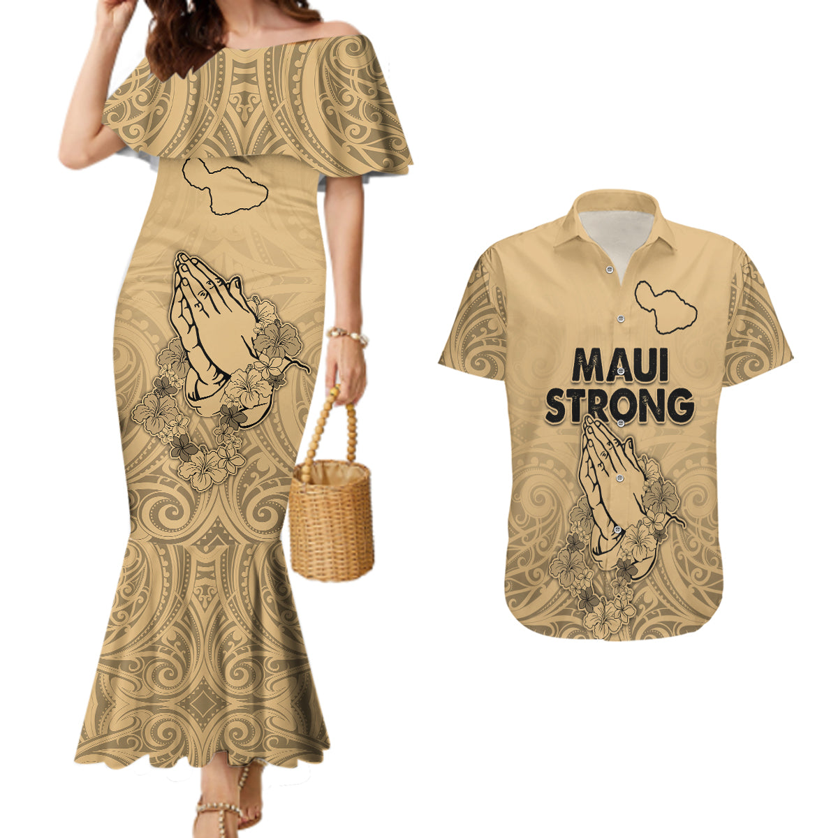 Hawaii Strong Maui Wildfire Couples Matching Mermaid Dress and Hawaiian Shirt No3 LT9 Nude - Polynesian Pride