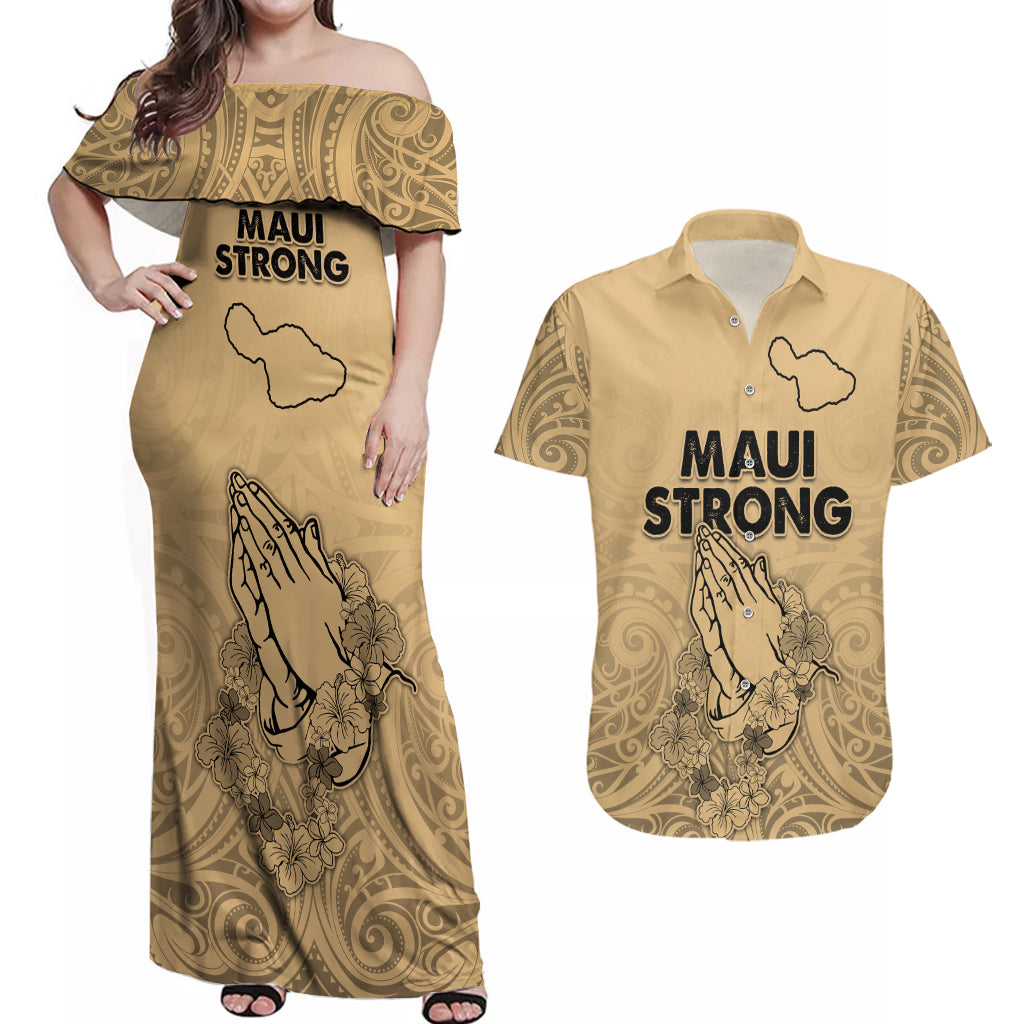 Hawaii Strong Maui Wildfire Couples Matching Off Shoulder Maxi Dress and Hawaiian Shirt No3 LT9 Nude - Polynesian Pride