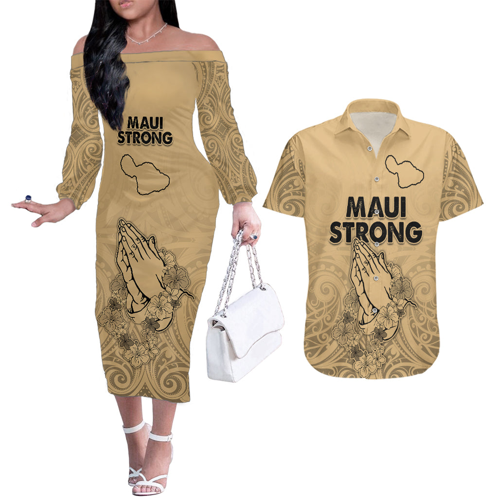 Hawaii Strong Maui Wildfire Couples Matching Off The Shoulder Long Sleeve Dress and Hawaiian Shirt No3 LT9 Nude - Polynesian Pride