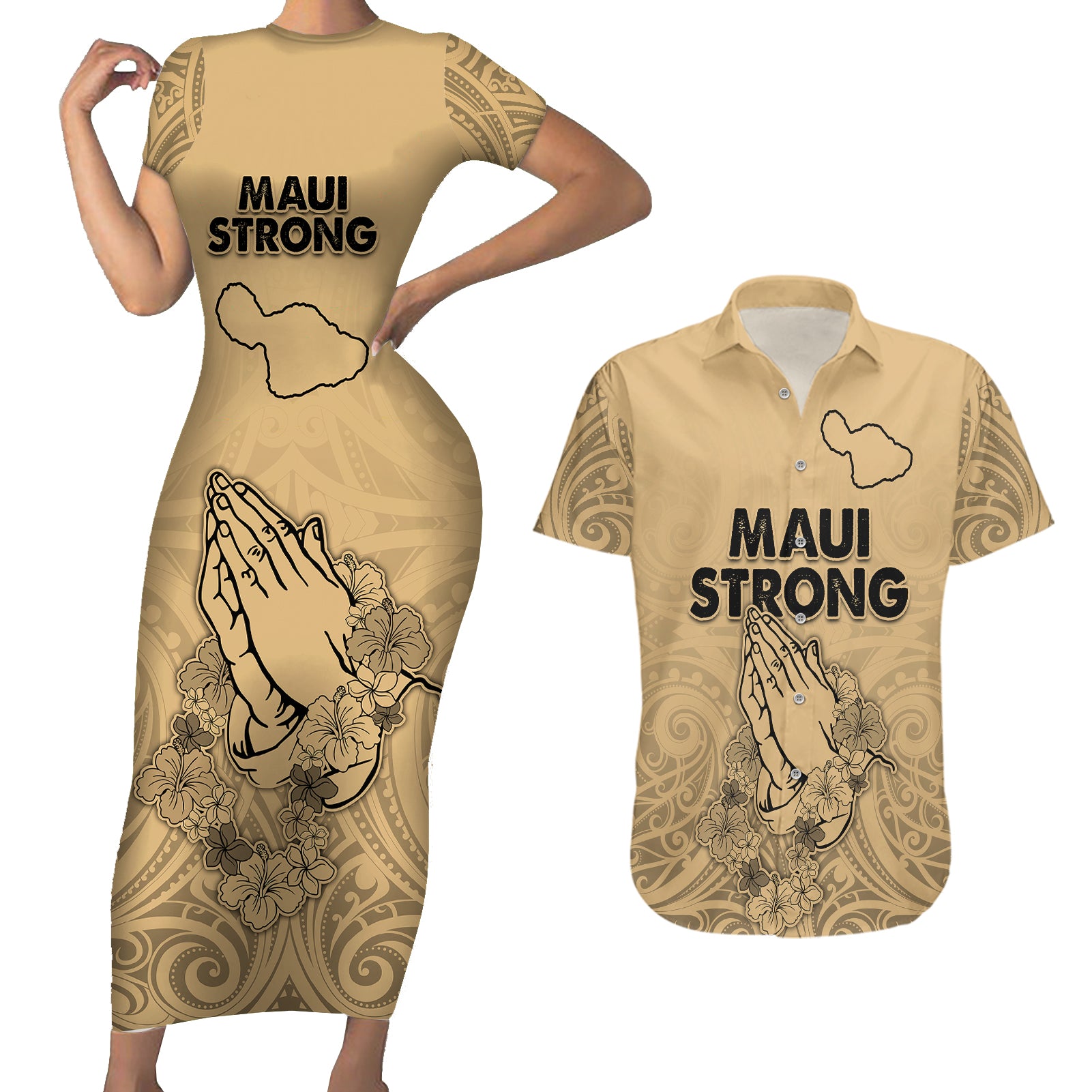 Hawaii Strong Maui Wildfire Couples Matching Short Sleeve Bodycon Dress and Hawaiian Shirt No3 LT9 Nude - Polynesian Pride