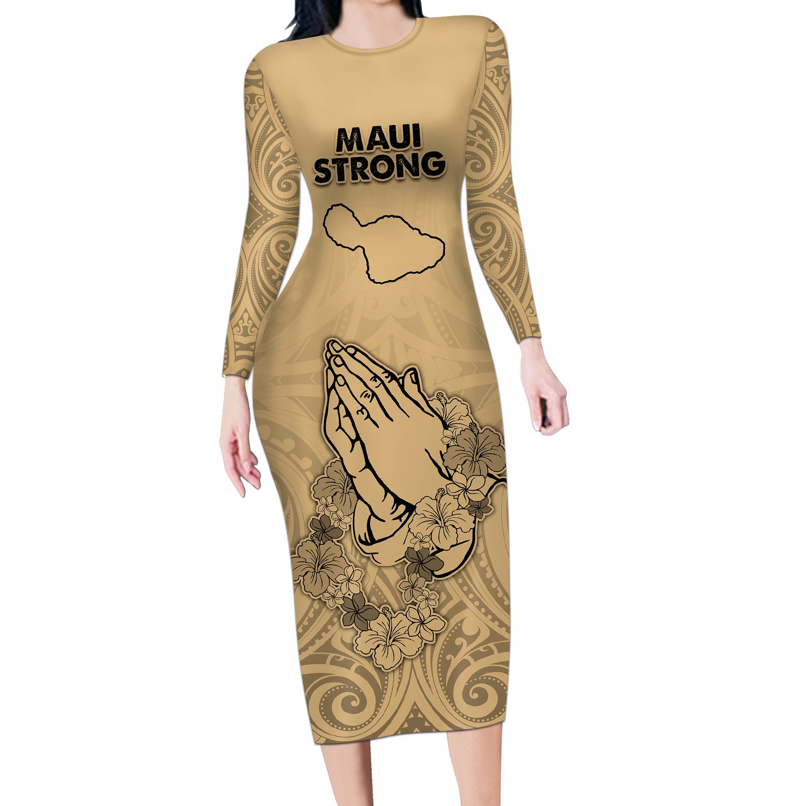 Hawaii Strong Maui Wildfire Long Sleeve Bodycon Dress No3 LT9 Long Dress Nude - Polynesian Pride