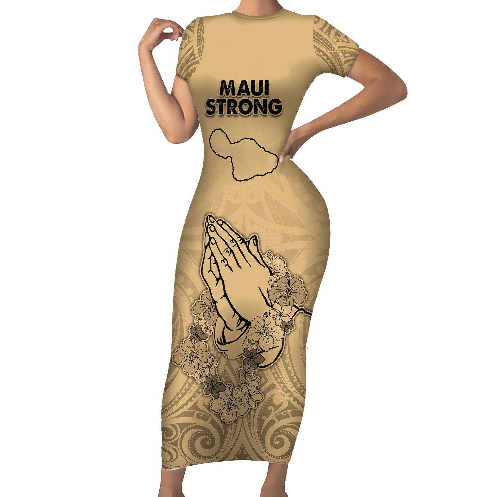 Hawaii Strong Maui Wildfire Short Sleeve Bodycon Dress No3 LT9 Long Dress Nude - Polynesian Pride