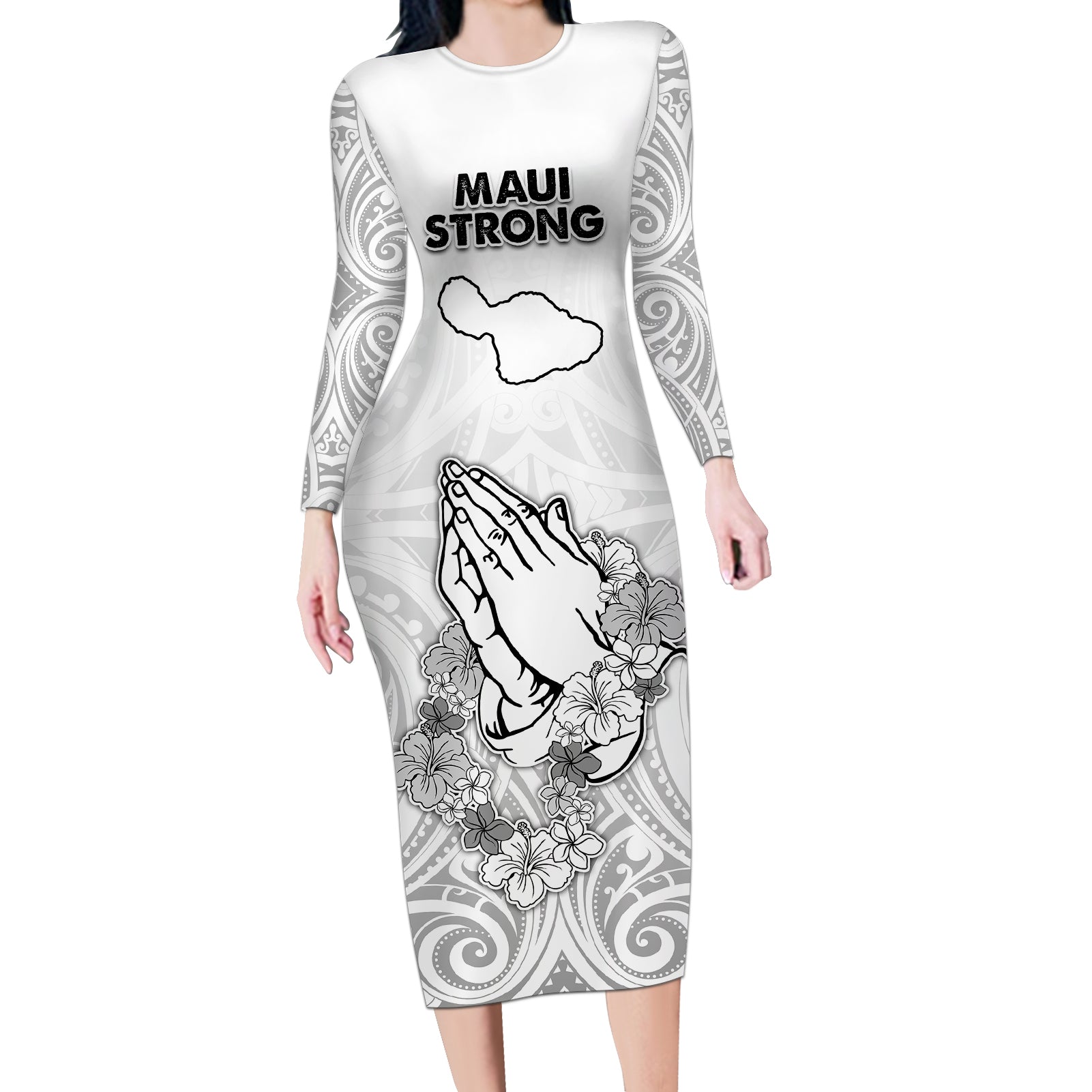 Hawaii Strong Maui Wildfire Long Sleeve Bodycon Dress No4 LT9 Long Dress White - Polynesian Pride