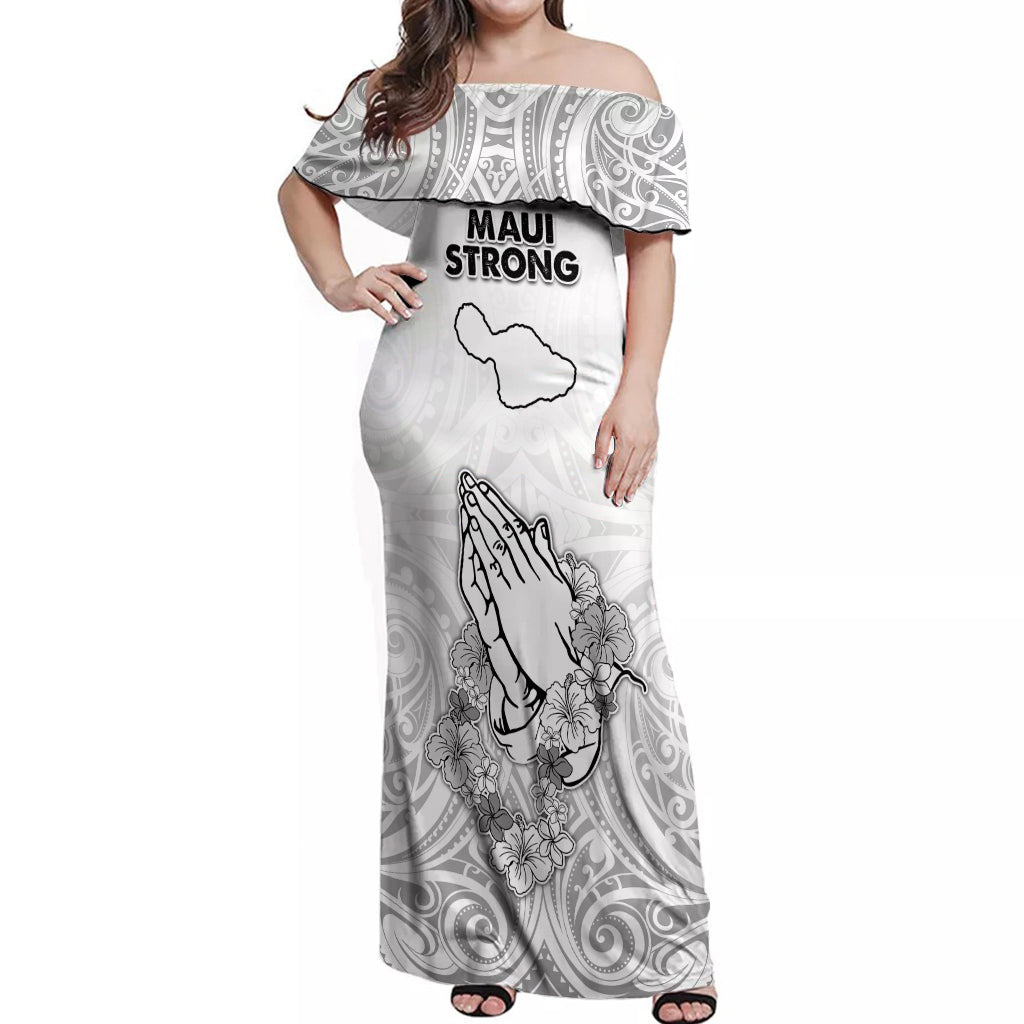 Hawaii Strong Maui Wildfire Off Shoulder Maxi Dress No4 LT9 Women White - Polynesian Pride