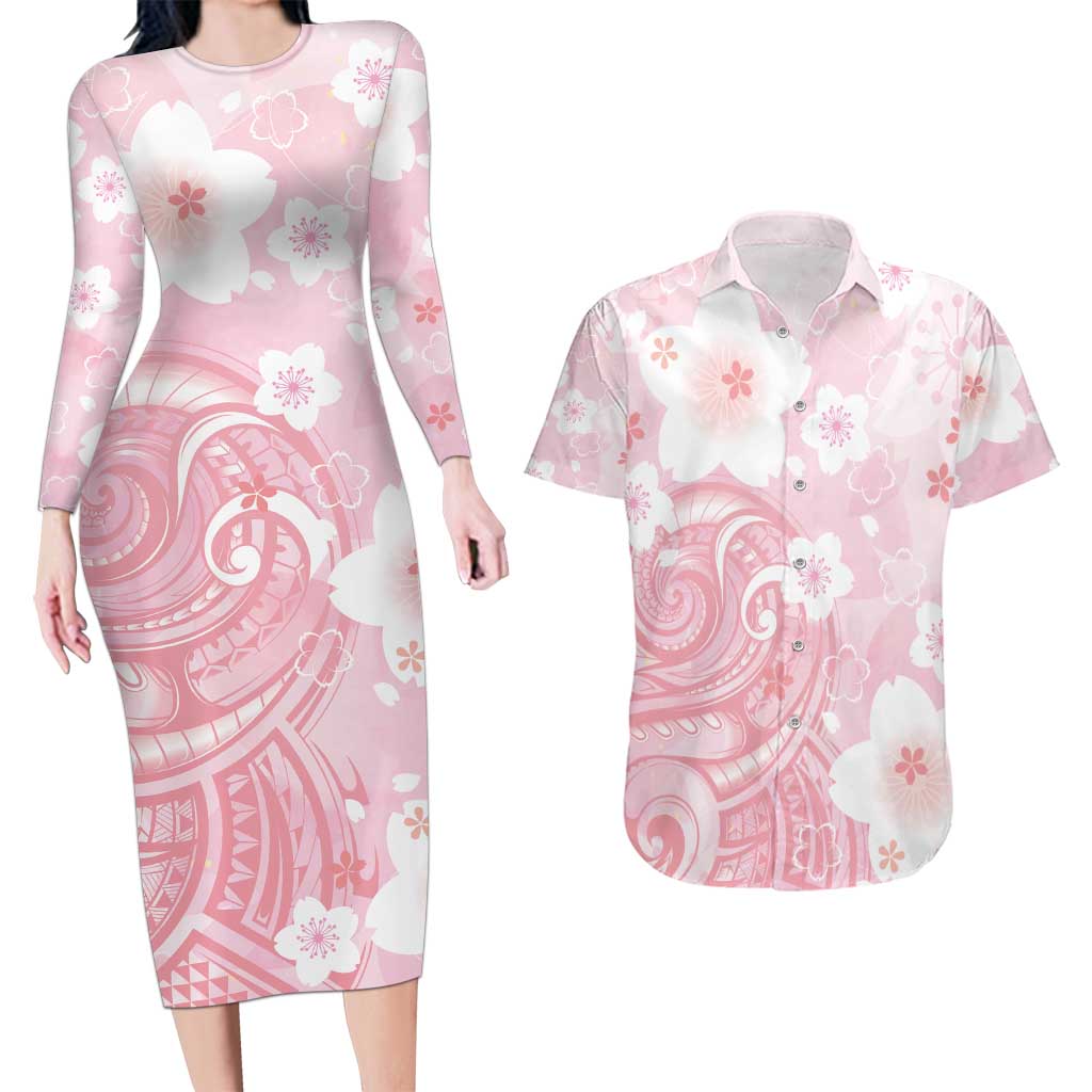 Japan Sakura Floral with Polynesian Vibe Couples Matching Long Sleeve Bodycon Dress and Hawaiian Shirt