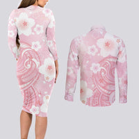 Japan Sakura Floral with Polynesian Vibe Couples Matching Long Sleeve Bodycon Dress and Long Sleeve Button Shirt LT9 - Polynesian Pride