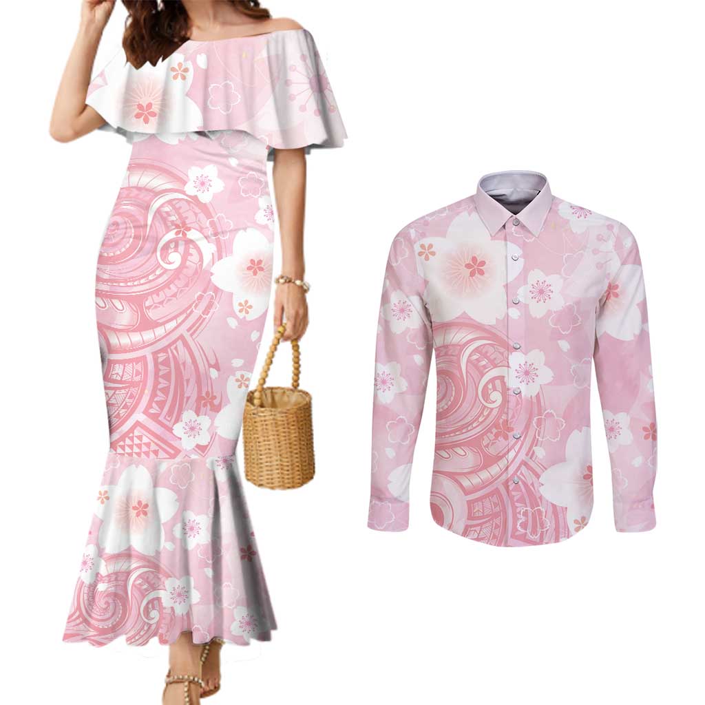 Japan Sakura Floral with Polynesian Vibe Couples Matching Mermaid Dress and Long Sleeve Button Shirt LT9 Pink - Polynesian Pride