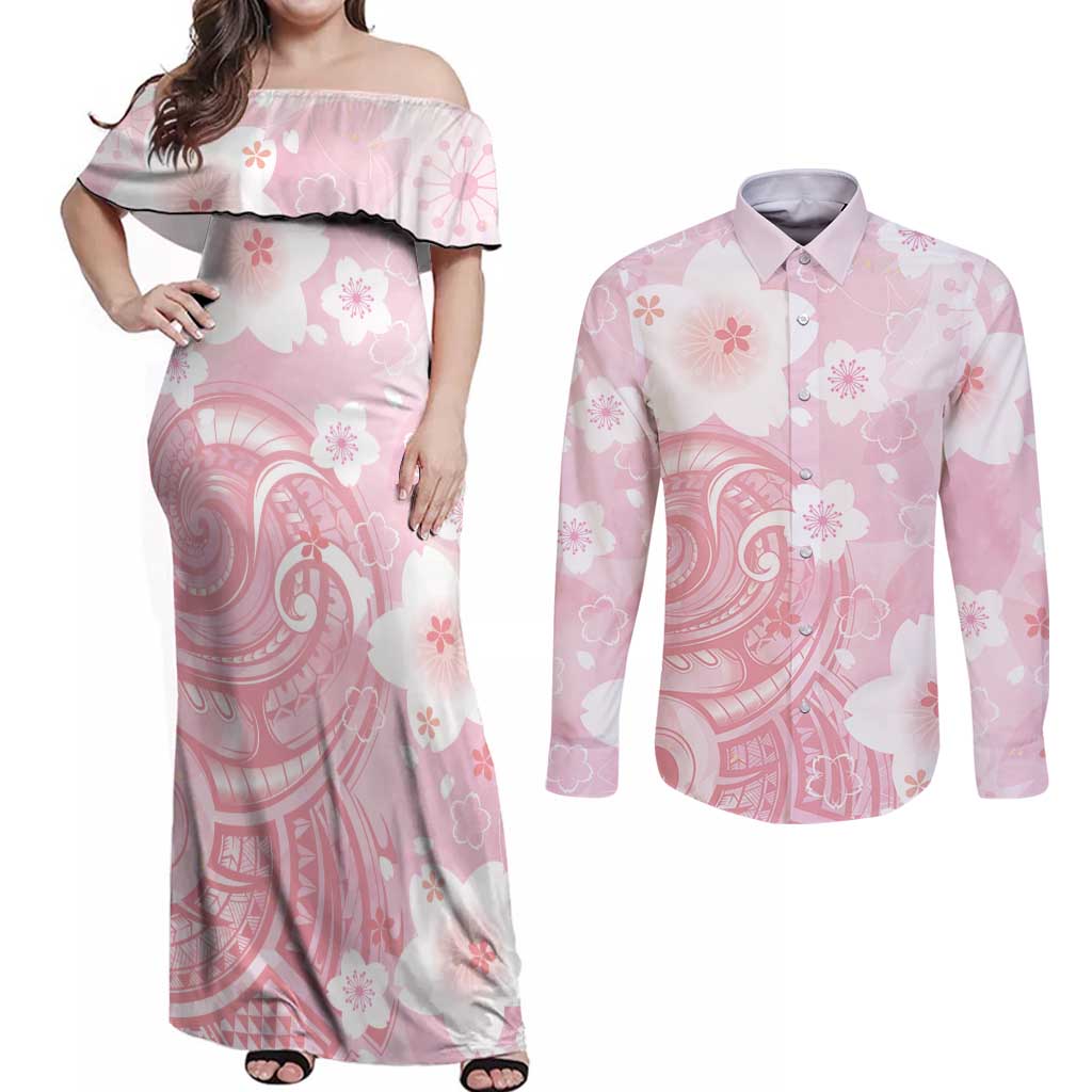 Japan Sakura Floral with Polynesian Vibe Couples Matching Off Shoulder Maxi Dress and Long Sleeve Button Shirt LT9 Pink - Polynesian Pride