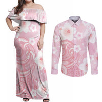 Japan Sakura Floral with Polynesian Vibe Couples Matching Off Shoulder Maxi Dress and Long Sleeve Button Shirt LT9 Pink - Polynesian Pride