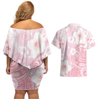 Japan Sakura Floral with Polynesian Vibe Couples Matching Off Shoulder Short Dress and Hawaiian Shirt LT9 - Polynesian Pride