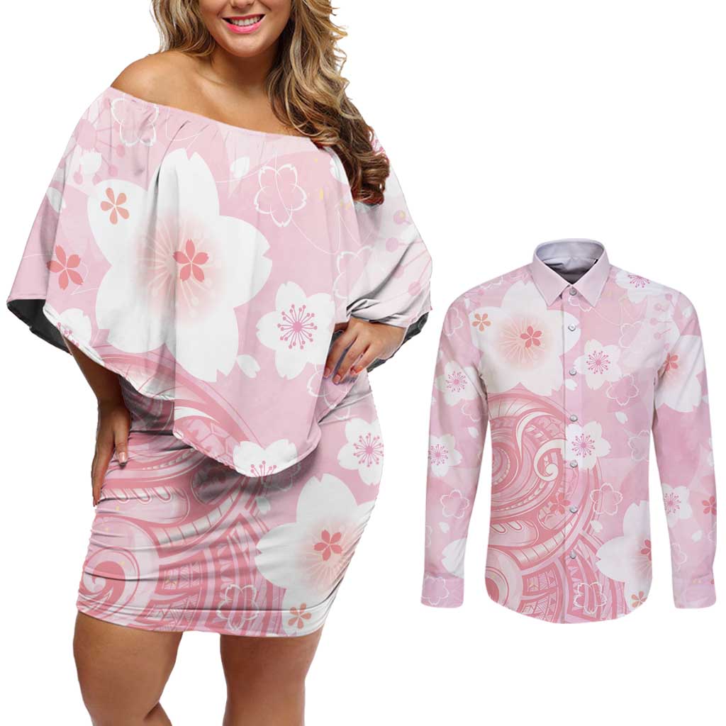Japan Sakura Floral with Polynesian Vibe Couples Matching Off Shoulder Short Dress and Long Sleeve Button Shirt LT9 Pink - Polynesian Pride