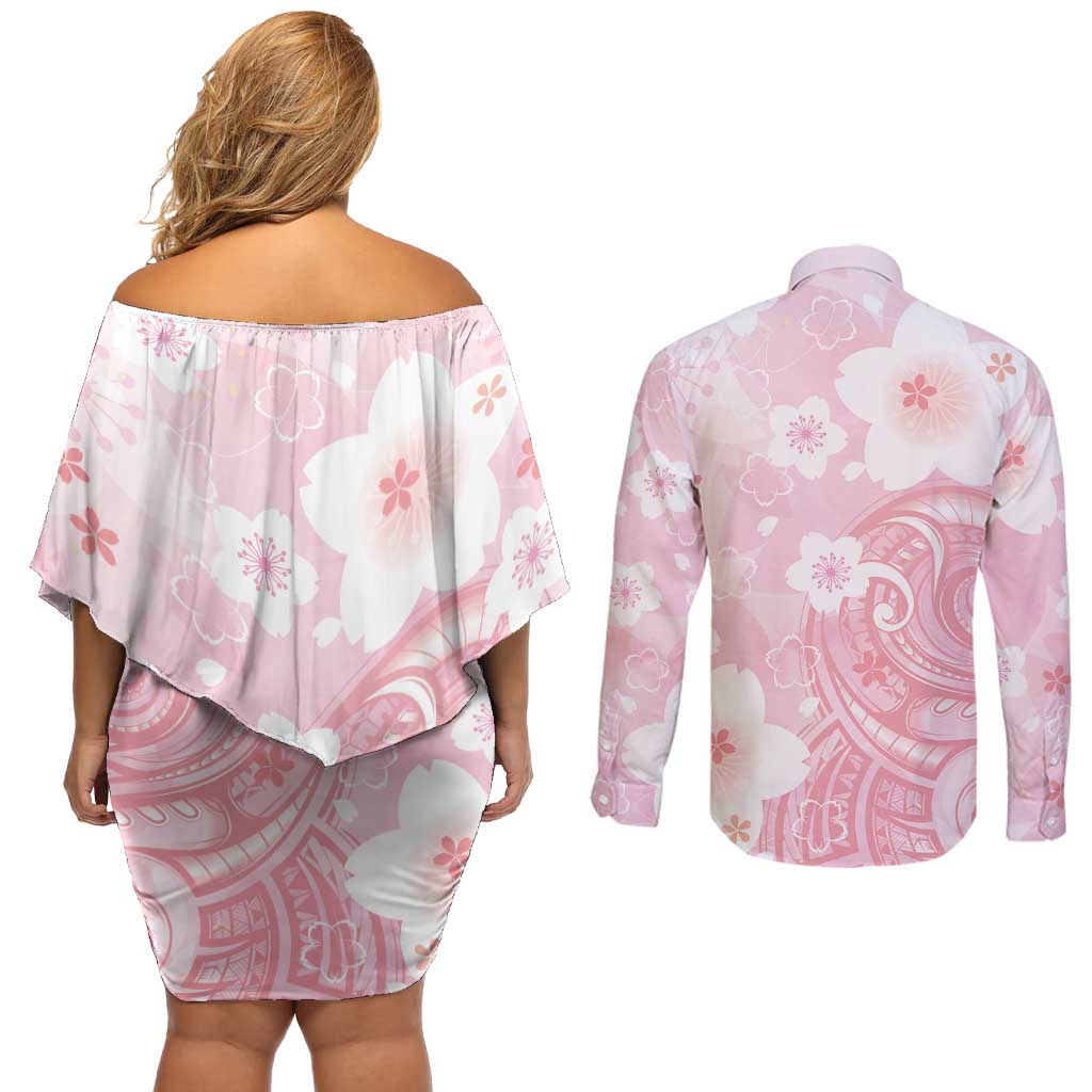 Japan Sakura Floral with Polynesian Vibe Couples Matching Off Shoulder Short Dress and Long Sleeve Button Shirt LT9 - Polynesian Pride