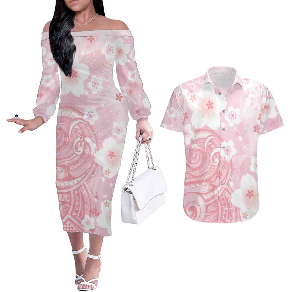 Japan Sakura Floral with Polynesian Vibe Couples Matching Off The Shoulder Long Sleeve Dress and Hawaiian Shirt LT9 Pink - Polynesian Pride
