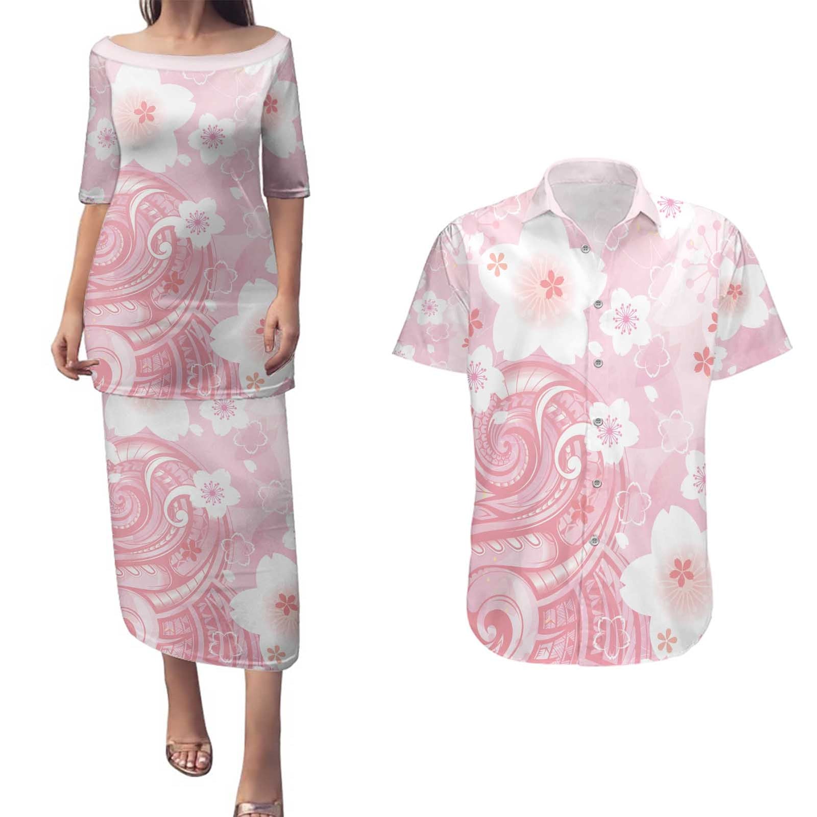 Japan Sakura Floral with Polynesian Vibe Couples Matching Puletasi and Hawaiian Shirt LT9 Pink - Polynesian Pride
