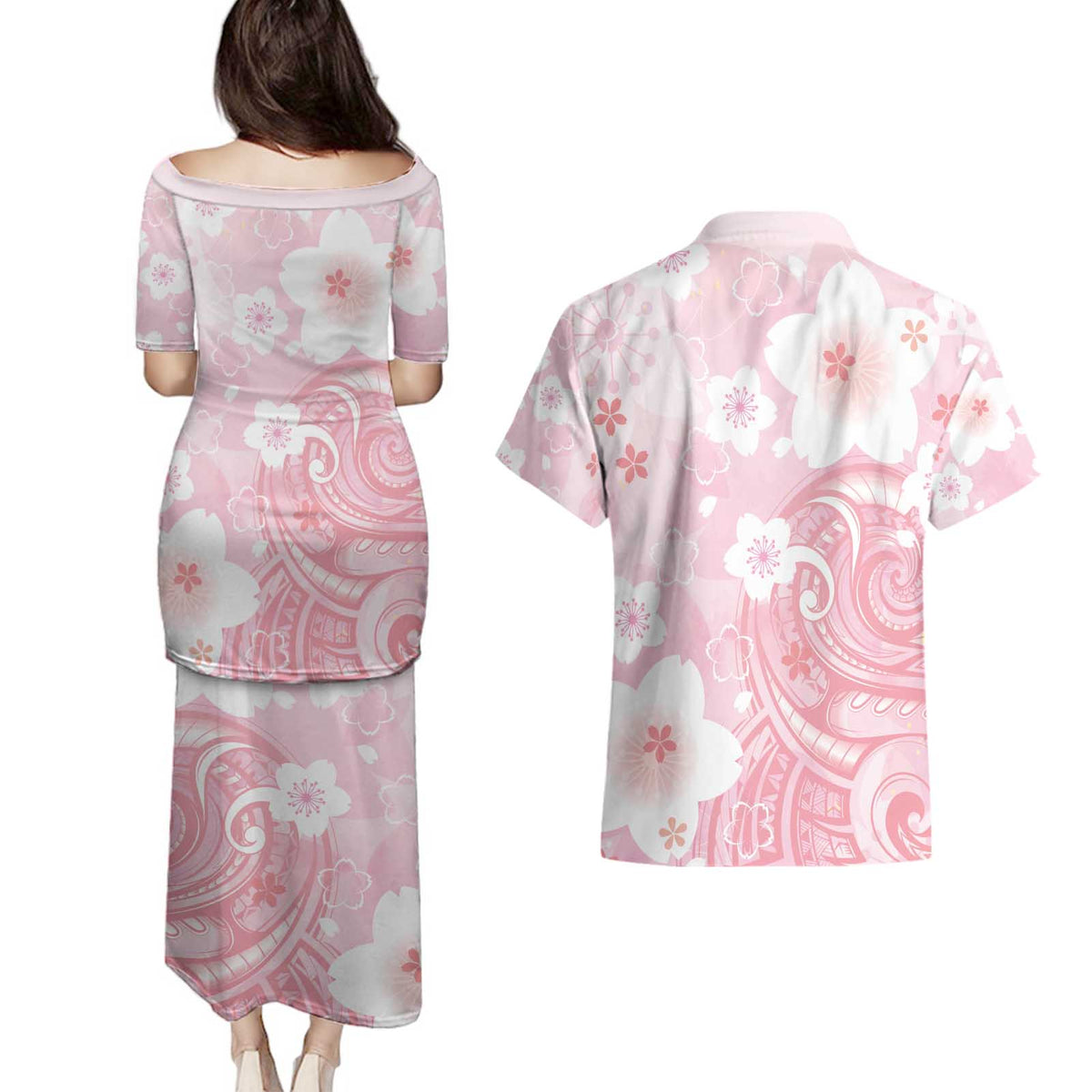 Japan Sakura Floral with Polynesian Vibe Couples Matching Puletasi and Hawaiian Shirt LT9 - Polynesian Pride