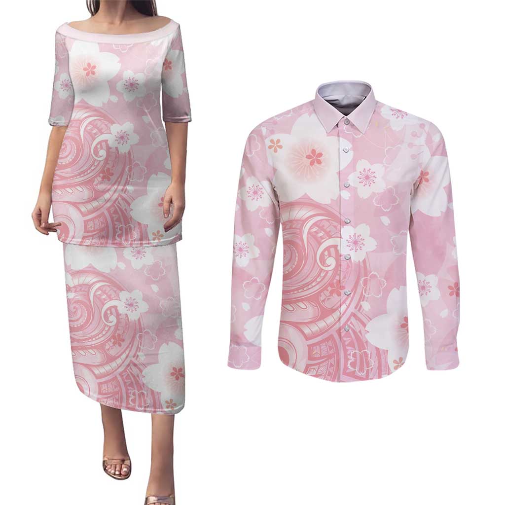 Japan Sakura Floral with Polynesian Vibe Couples Matching Puletasi and Long Sleeve Button Shirt LT9 Pink - Polynesian Pride