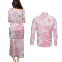 Japan Sakura Floral with Polynesian Vibe Couples Matching Puletasi and Long Sleeve Button Shirt LT9 - Polynesian Pride