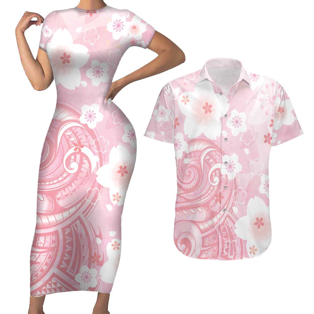 Japan Sakura Floral with Polynesian Vibe Couples Matching Short Sleeve Bodycon Dress and Hawaiian Shirt LT9 Pink - Polynesian Pride