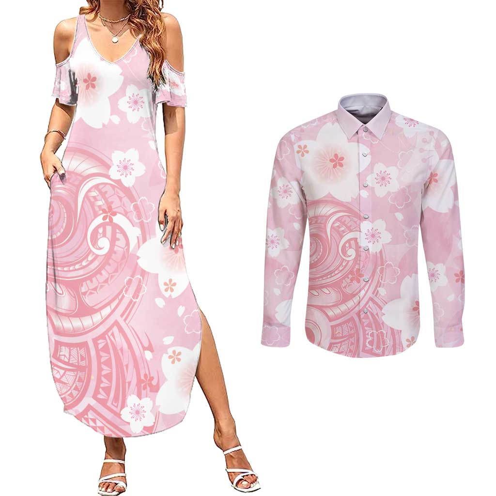 Japan Sakura Floral with Polynesian Vibe Couples Matching Summer Maxi Dress and Long Sleeve Button Shirt LT9 Pink - Polynesian Pride