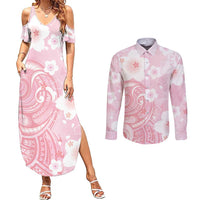 Japan Sakura Floral with Polynesian Vibe Couples Matching Summer Maxi Dress and Long Sleeve Button Shirt LT9 Pink - Polynesian Pride