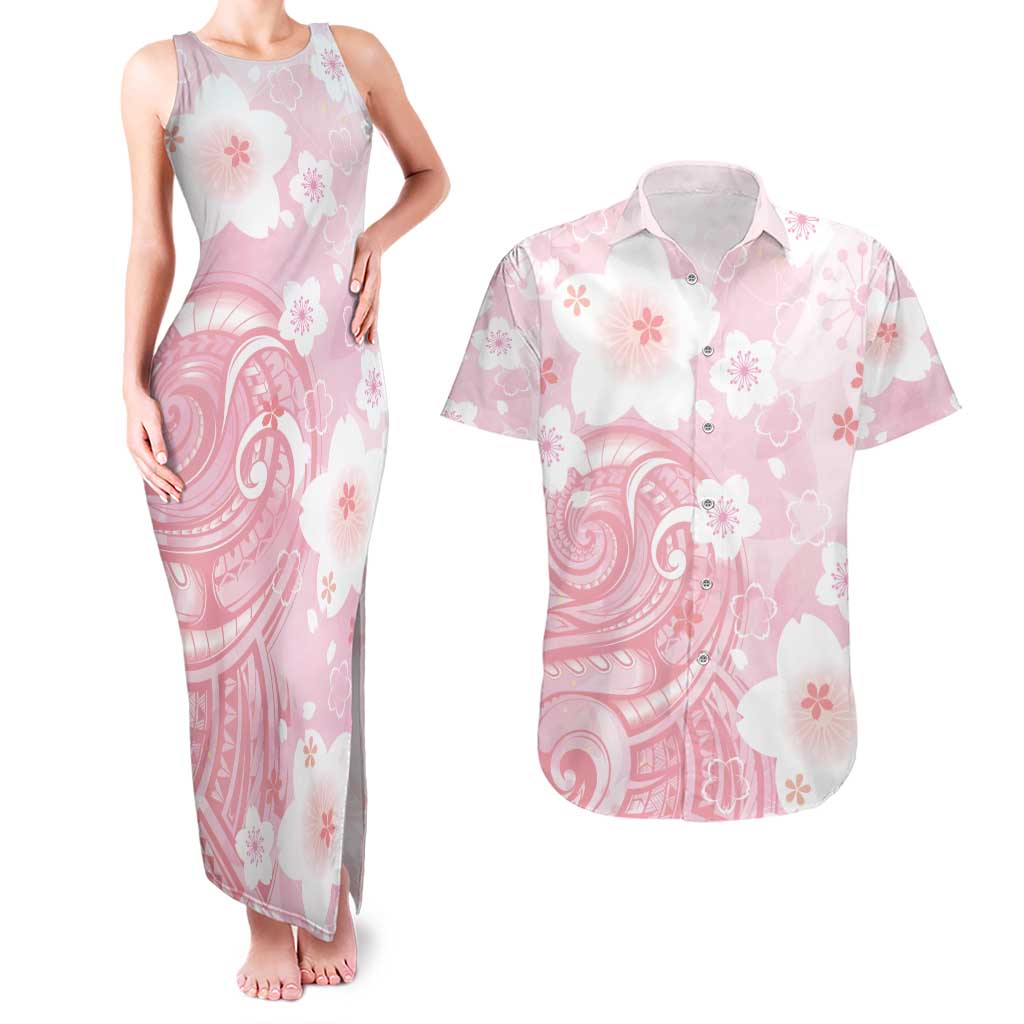 Japan Sakura Floral with Polynesian Vibe Couples Matching Tank Maxi Dress and Hawaiian Shirt LT9 Pink - Polynesian Pride