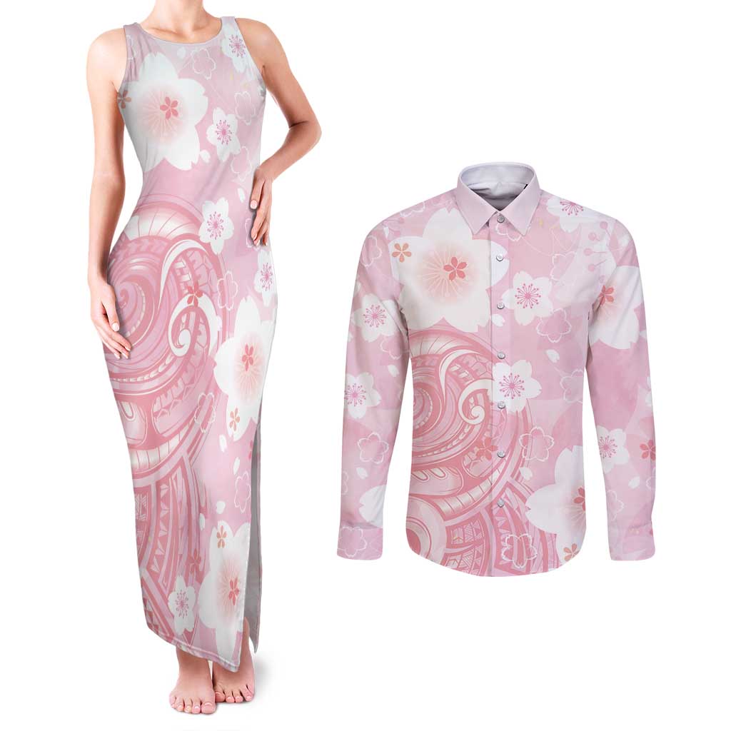 Japan Sakura Floral with Polynesian Vibe Couples Matching Tank Maxi Dress and Long Sleeve Button Shirt LT9 Pink - Polynesian Pride