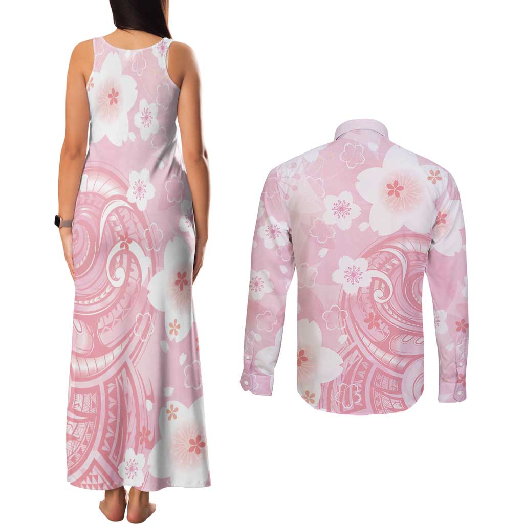 Japan Sakura Floral with Polynesian Vibe Couples Matching Tank Maxi Dress and Long Sleeve Button Shirt LT9 - Polynesian Pride