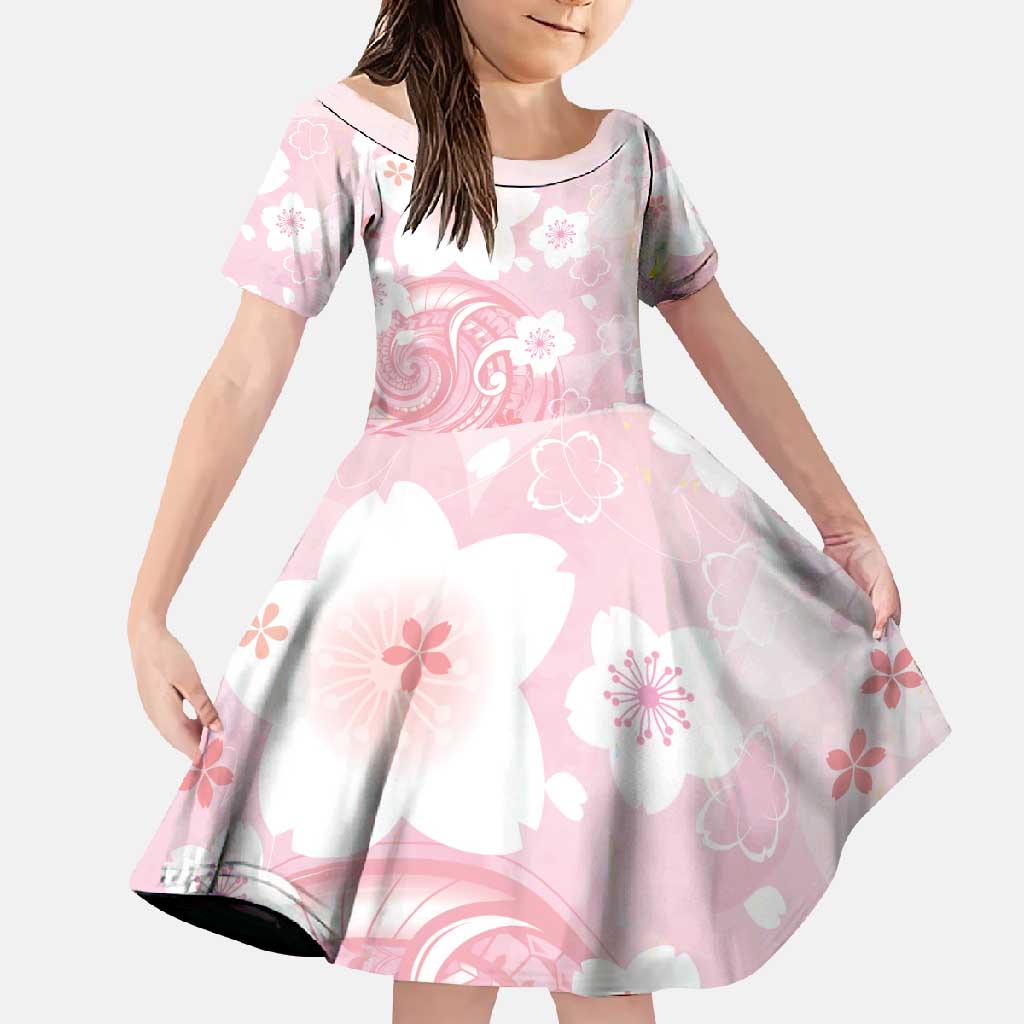 Japan Sakura Floral with Polynesian Vibe Family Matching Long Sleeve Bodycon Dress and Hawaiian Shirt LT9 Daughter's Dress Pink - Polynesian Pride