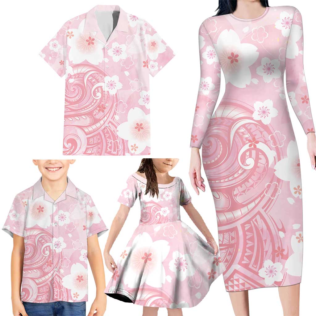 Japan Sakura Floral with Polynesian Vibe Family Matching Long Sleeve Bodycon Dress and Hawaiian Shirt