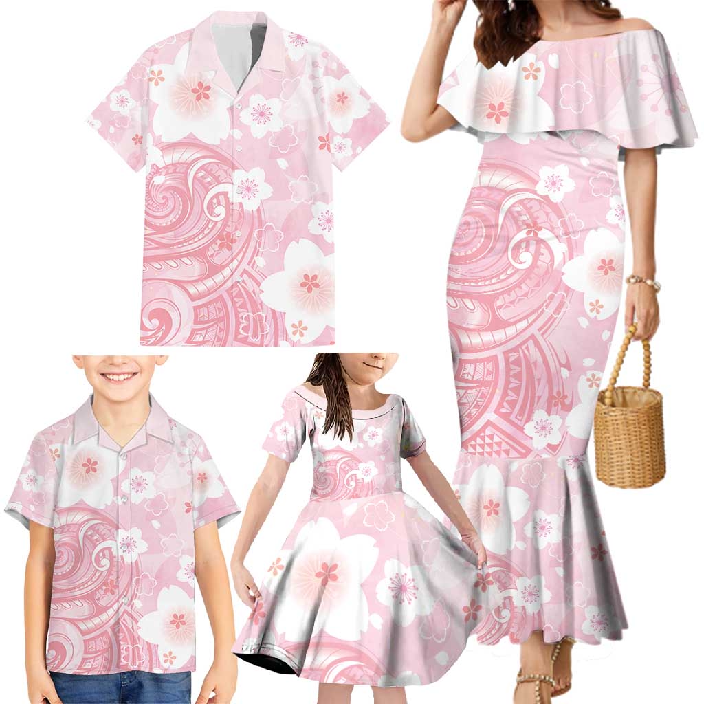 Japan Sakura Floral with Polynesian Vibe Family Matching Mermaid Dress and Hawaiian Shirt