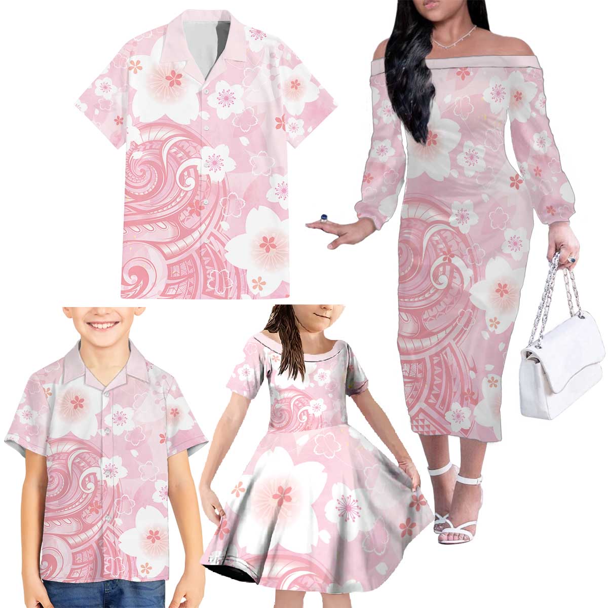 Japan Sakura Floral with Polynesian Vibe Family Matching Off The Shoulder Long Sleeve Dress and Hawaiian Shirt