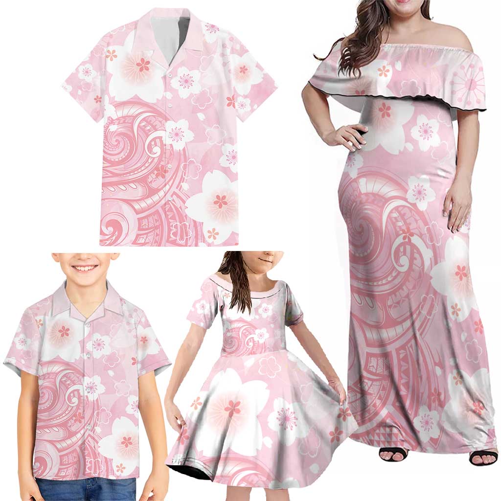 Japan Sakura Floral with Polynesian Vibe Family Matching Off Shoulder Maxi Dress and Hawaiian Shirt LT9 - Polynesian Pride