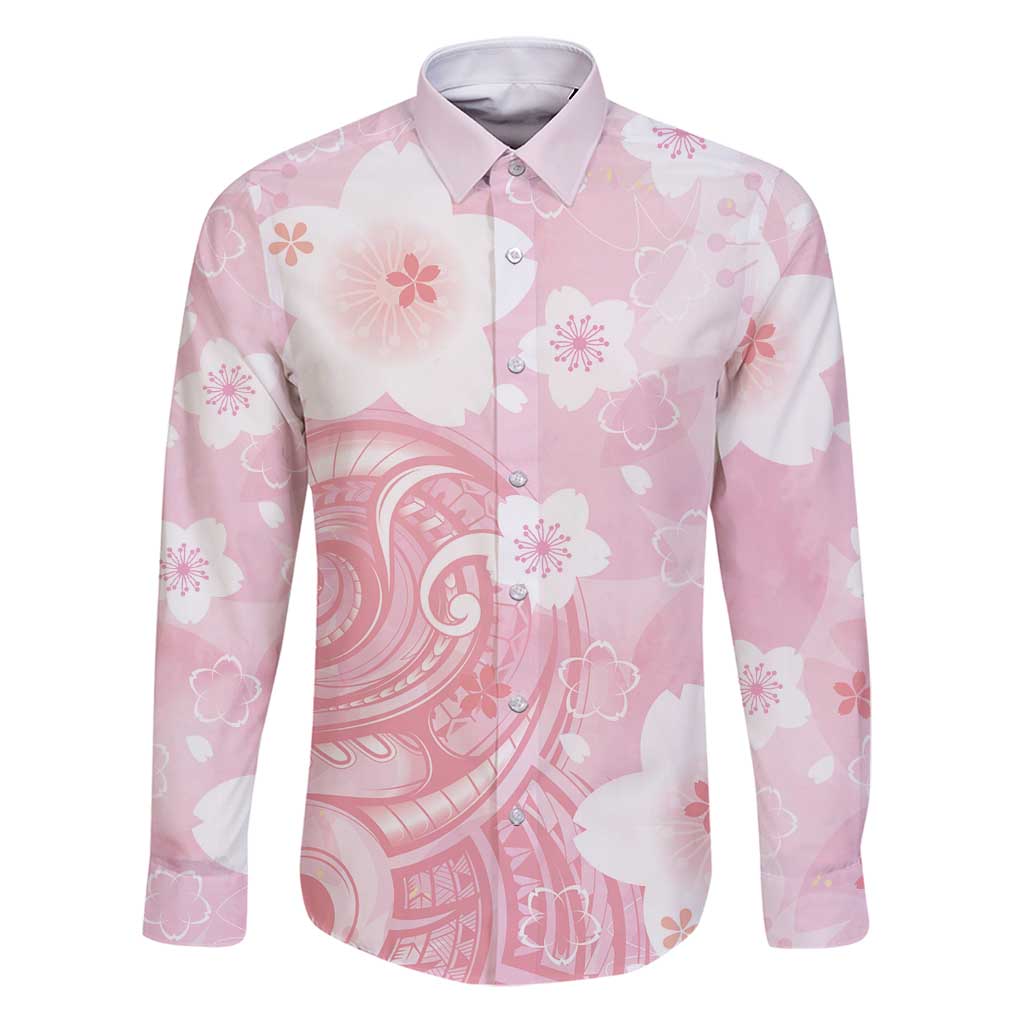 Japan Sakura Floral with Polynesian Vibe Family Matching Puletasi and Hawaiian Shirt LT9 Dad's Shirt - Long Sleeve Pink - Polynesian Pride