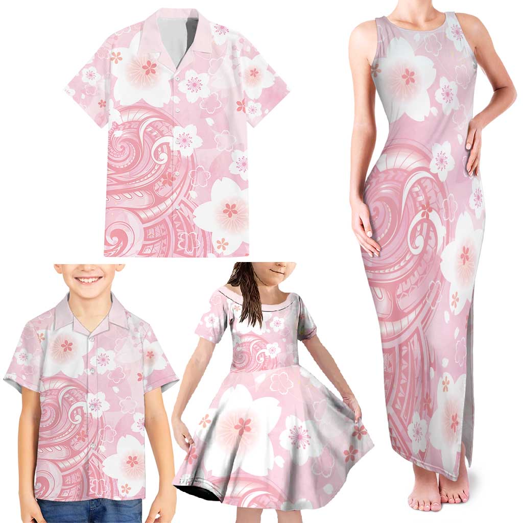 Japan Sakura Floral with Polynesian Vibe Family Matching Tank Maxi Dress and Hawaiian Shirt