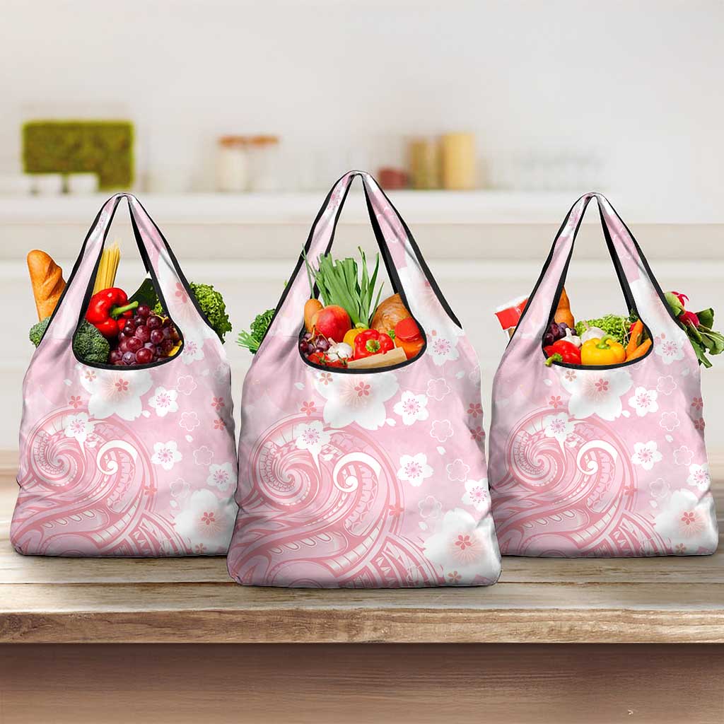 Japan Sakura Floral with Polynesian Vibe Grocery Bag LT9 3-pack One Size Pink - Polynesian Pride