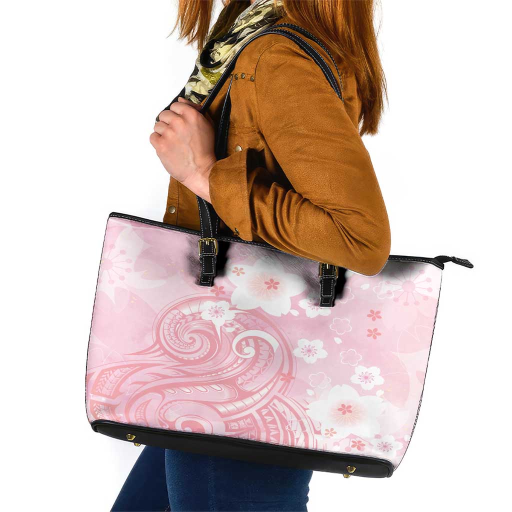 Japan Sakura Floral with Polynesian Vibe Leather Tote Bag