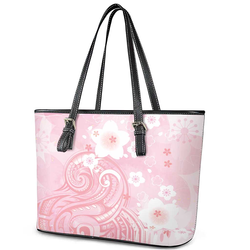 Japan Sakura Floral with Polynesian Vibe Leather Tote Bag LT9 - Polynesian Pride