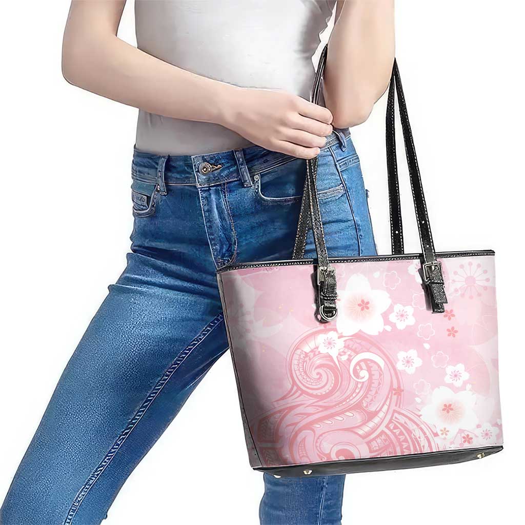 Japan Sakura Floral with Polynesian Vibe Leather Tote Bag LT9 - Polynesian Pride