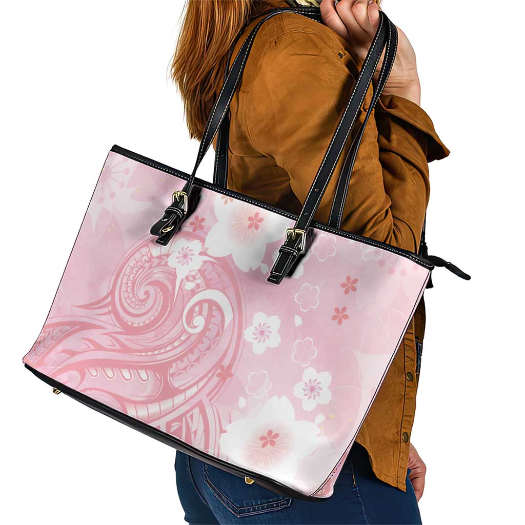 Japan Sakura Floral with Polynesian Vibe Leather Tote Bag LT9 - Polynesian Pride